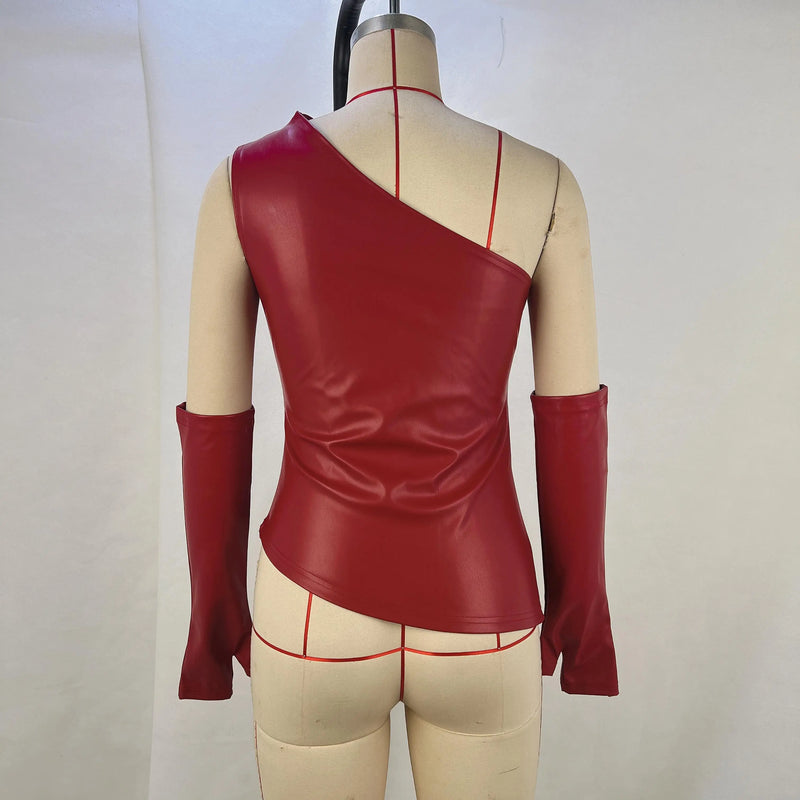 Camiseta regata de couro PU Gtpdpllt, gola diagonal, moda assimétrica, franzida com mangas, camiseta sexy de verão para mulheres, roupas Y2K