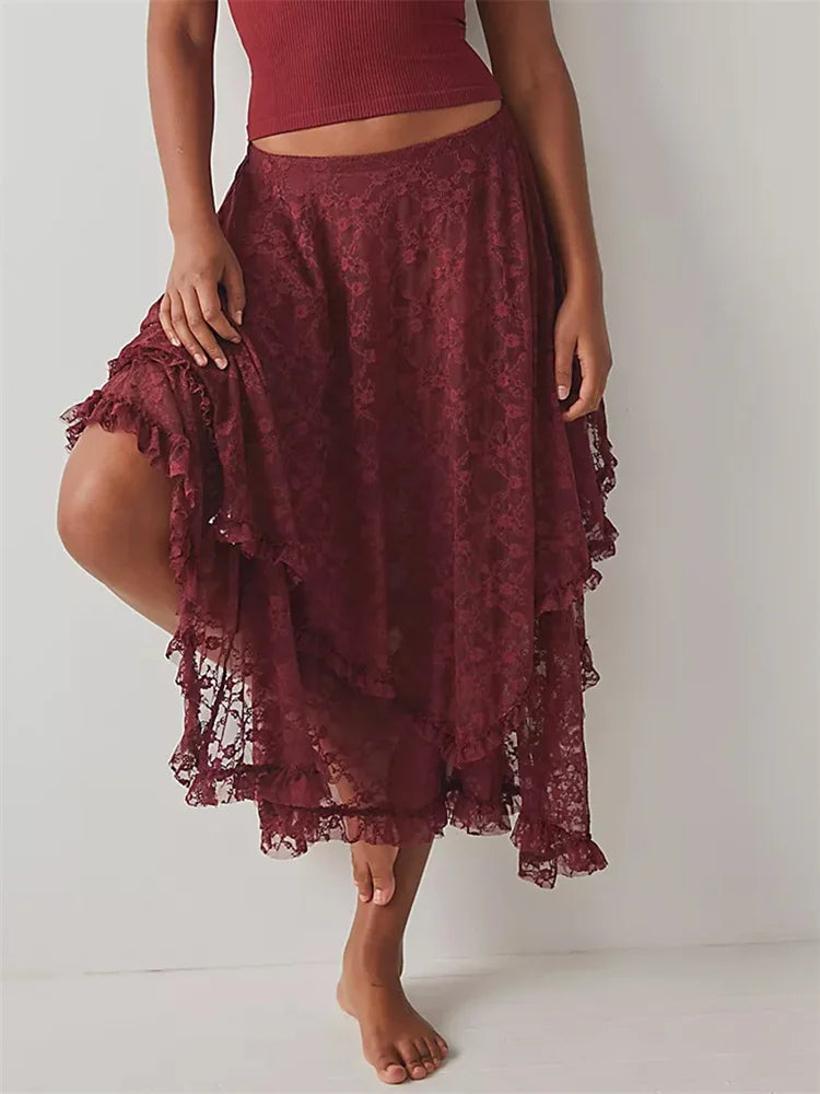 Saias longas femininas de renda, casuais, bainha irregular, camadas, babados, cintura elástica,urbana