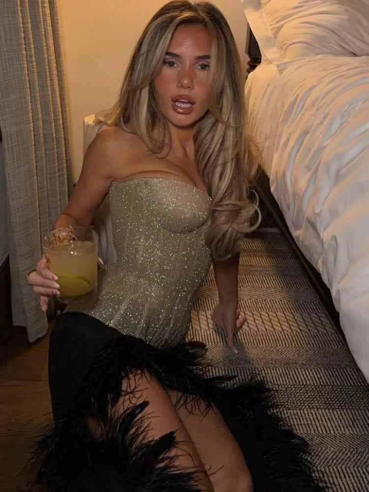 Women Sexy Sequin Lace Up Shell Corset Chic Strapless Backless Off Shoulder Slim Waist Cinching Vest 2026 Lady High Street Top