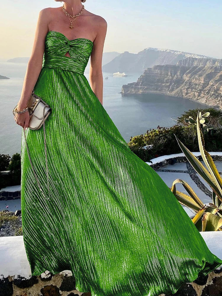 2024 Sexy Twist Strapless Hollow Out Long Dress Women Boho Elegant Bronzing Evening Dress Fashion Sleeveless A-Line Party Dress