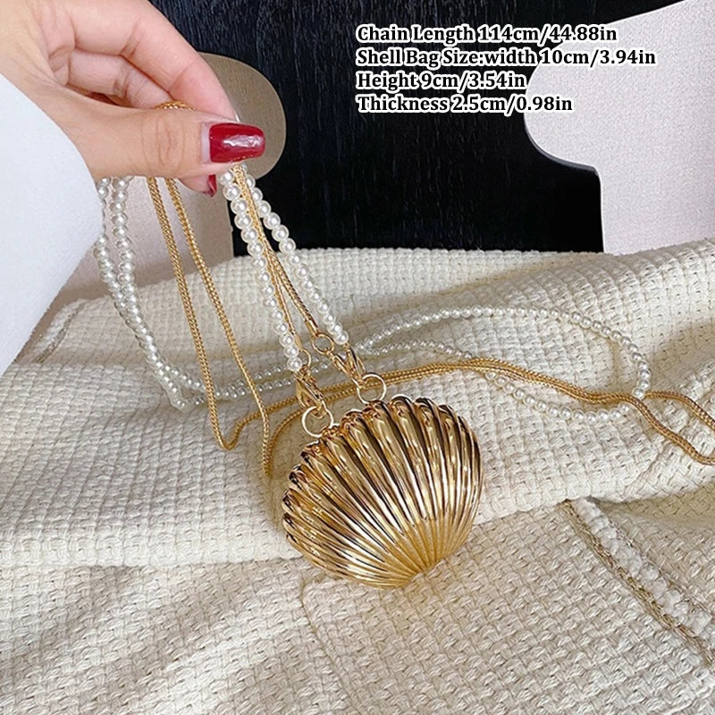Metal Shell Bag Mini Lipstick Bag Pearl Chain Crossbody Bag Shoulder Bag Handbag Purse Waist Bag Women Makeup Jewelry Bag