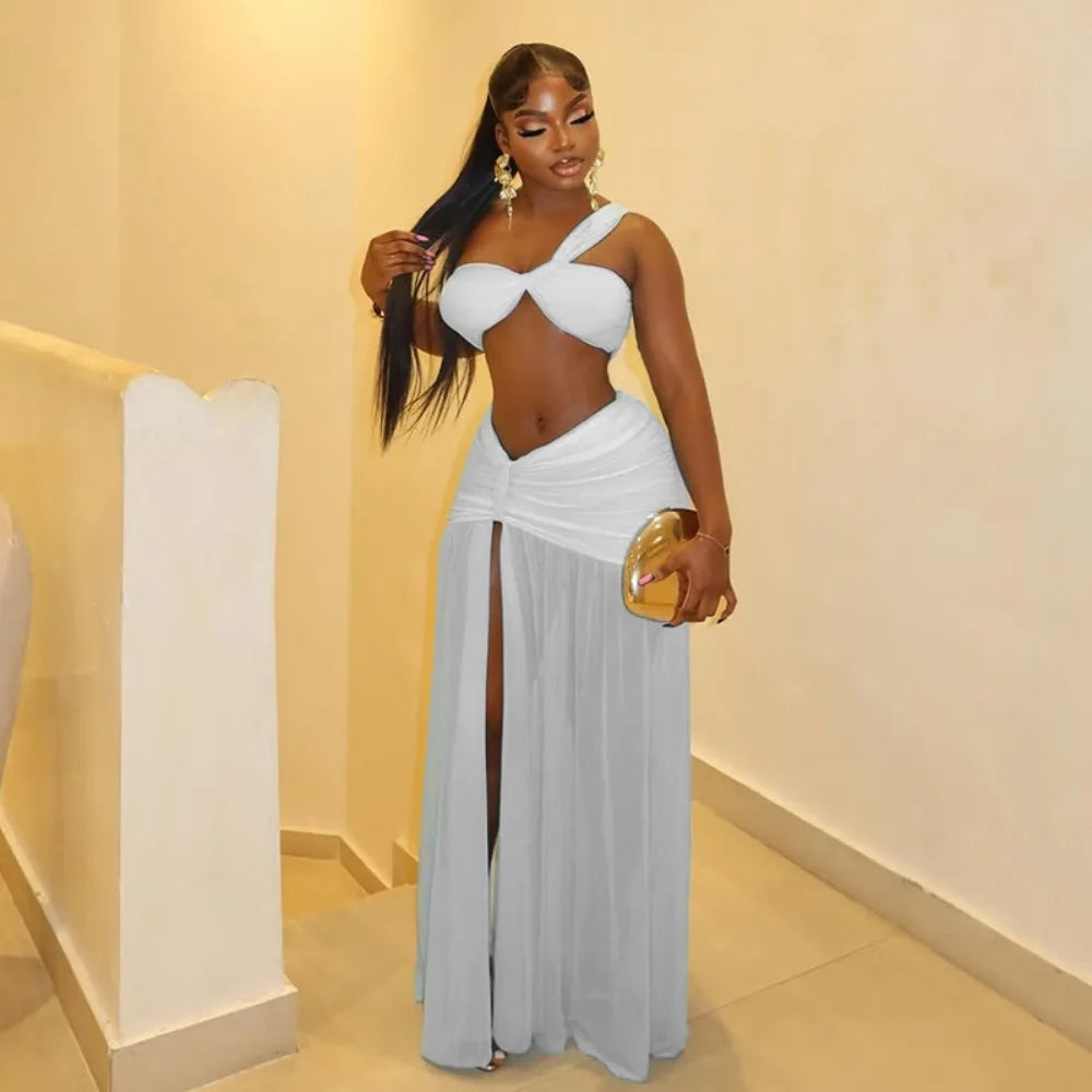 FLARORA Sexy Mesh Ruched 2 Piece Sets Woman Strapless Crop Tops And High Split Long Skirts Suits Elegant Beach Vacation Clothing