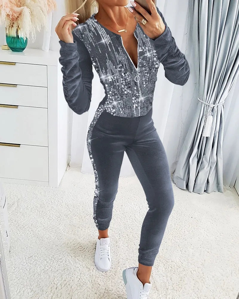 Autumn Winter Velvet Sets for Women 2 Pieces Suits Female Clothing Casual Contrast Sequin Zipper Design Coat & Pants Set Tracksu