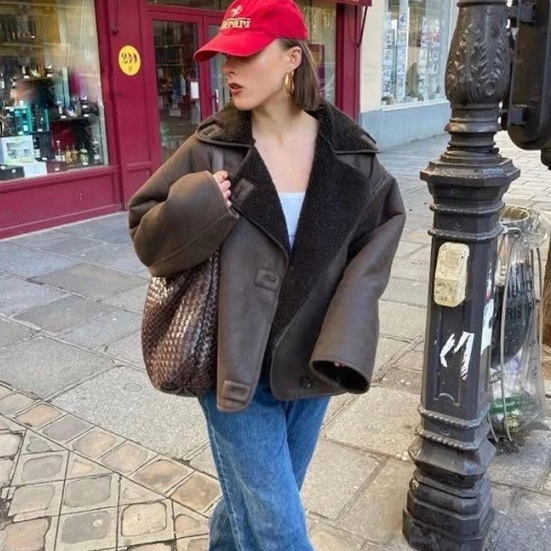 HXAO Faux Leather Jacket Winter Coat Female Button Long Sleeve Brown Jacket Demi-Season Faux Wool Coats And Mixtures Jacket