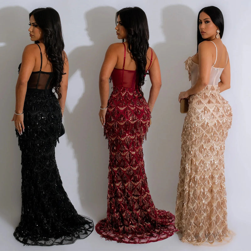 Women Sling Dress Floor Length Dresses Sequin Mesh Party Slim Bodycon Sheath Mesh Drilling Elegant Gown Sexy Vestidos 2024