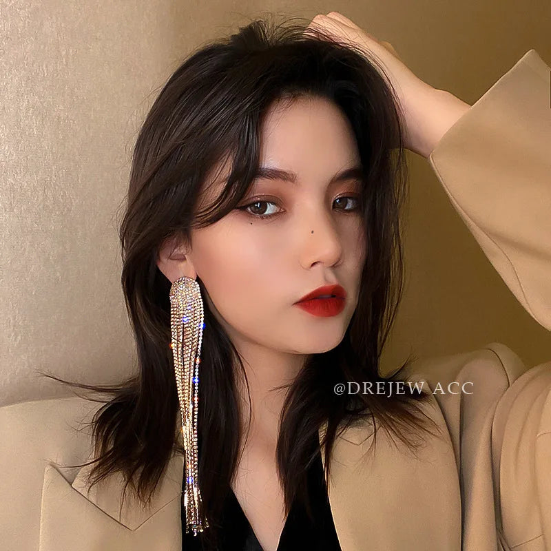 Long Tassel Rhinestone Drop Earrings for Women Oversize Crystal Dangle Earrings Fashion Wedding Jewelry Gift
