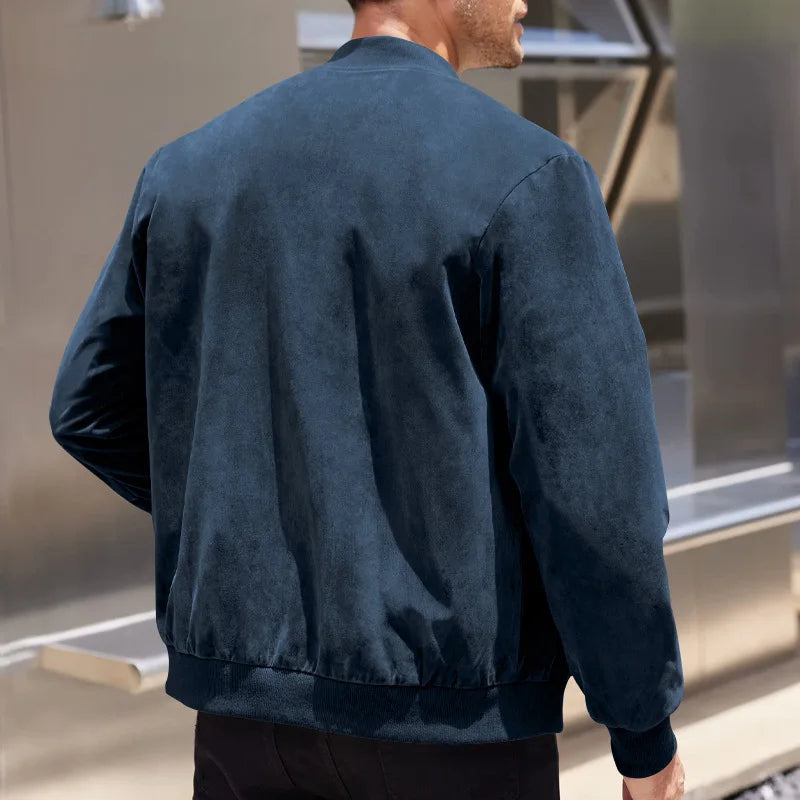 Men's Business Casual Suede Jacket Zipper Collar Warm Sporty Outerwear Polyester Fabric Long Sleeve round Hem Knitted Sleeve