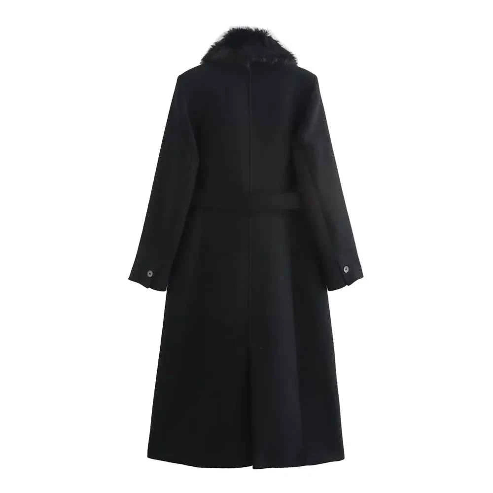Women's Belt Warm Fur Collar Coat Flip Collar Pocket Button Decoration Autumn/Winter New Women's Wear