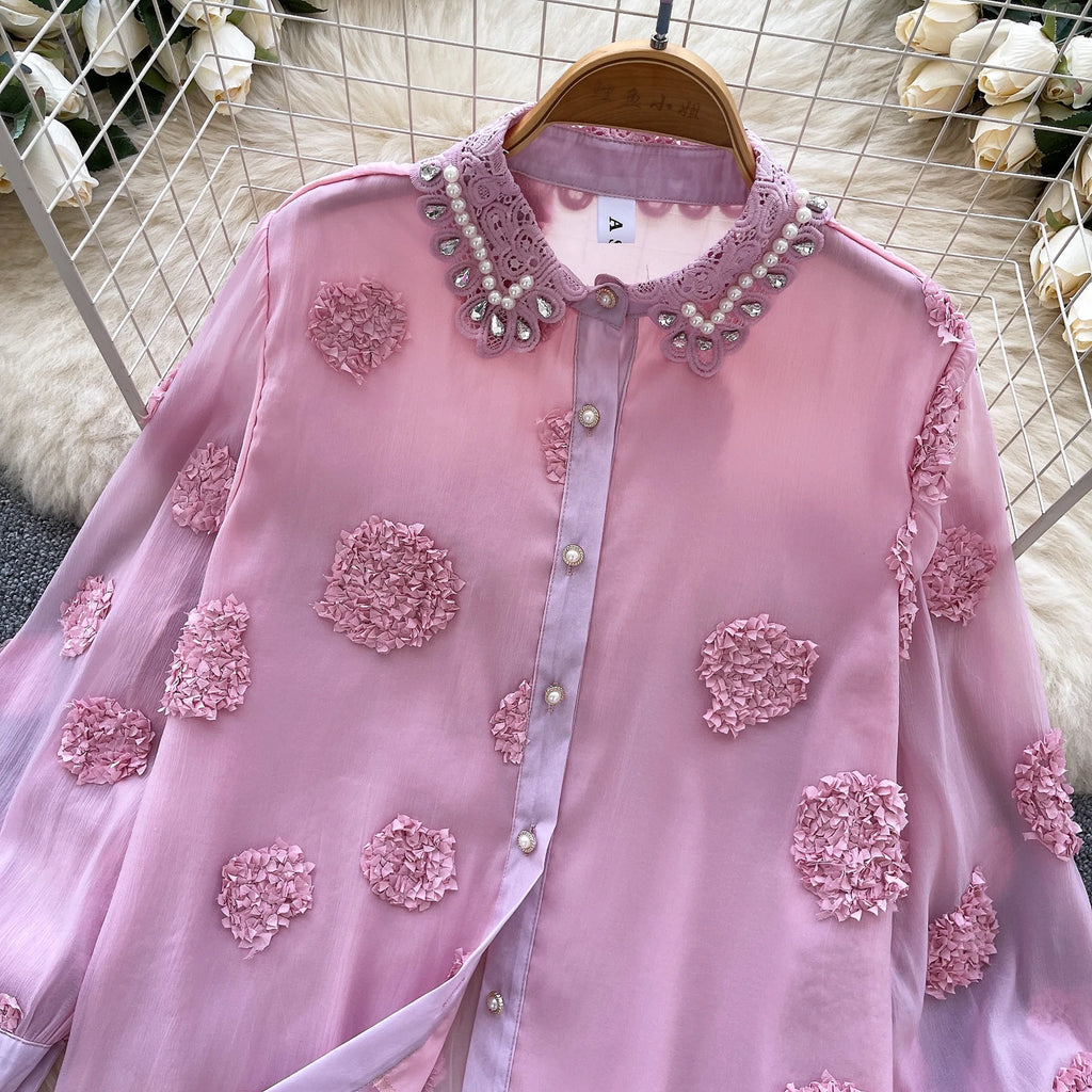 Blusa básica de manga comprida, gola polo vintage, gravata, abotoamento simples, solta, com strass, moda urbana francesa, blusa de outono