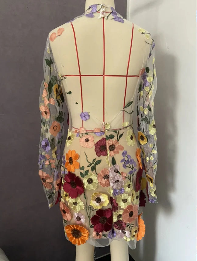 Sexy Women's Dress 2023 Spring Autumn Sweet Style Half Turtleneck 3D Flower Package Hip Sexy Straight Long Sleeve Mini Dress