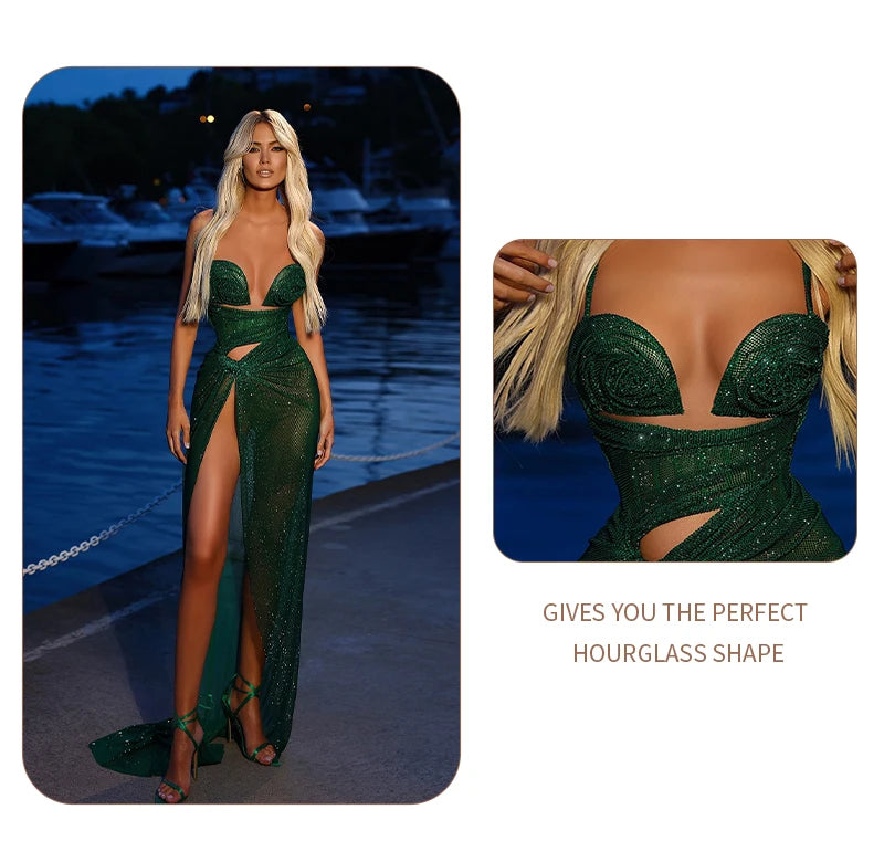 VC Glamorous Strapless Green Sequin Maxi Dress with Corset Style Bodice and Slit Party Evening Gown