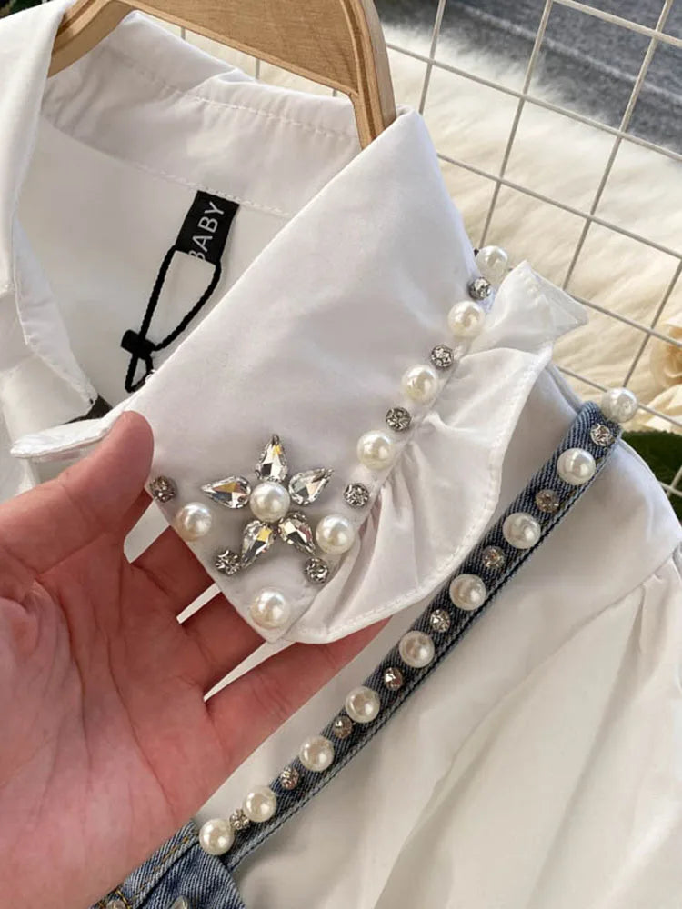 Blusa feminina nova primavera outono com contas de diamantes e manga bufante, top com borlas e pérolas, colete com alça, camisa de duas peças