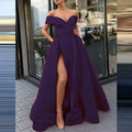 Women's Long Loose Maxi Dress Summer Deep V-neck Solid Color Satin High Split Strapless Short Sleeve Dress