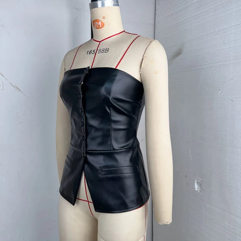 Pulôver Nsauye feminino, de um botão, sexy, sem alças, colete de couro, mini regata justa, moda verão 2025