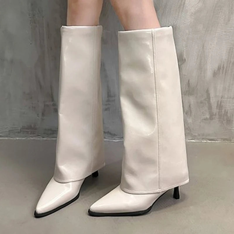 Botas de couro chunky de salto alto femininas, bico fino, estilo Chelsea, novas bombas femininas, botas gladiadoras para neve
