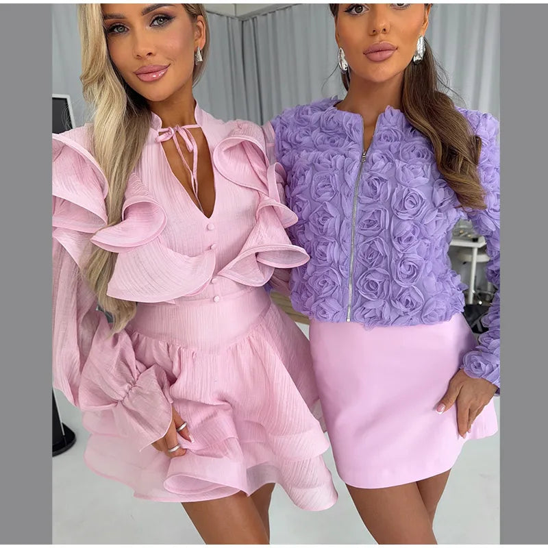 Solid Ruffle Mini Dress U Neck Long Puff Sleeve Tie Neck Tiered Hem Sweet Style Gown Soft Pastel Tones Fashion Chic Women Outfit