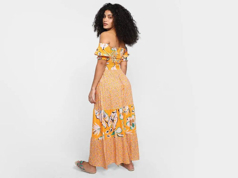 Lastex Floral Long Shoulder Magalu Dress