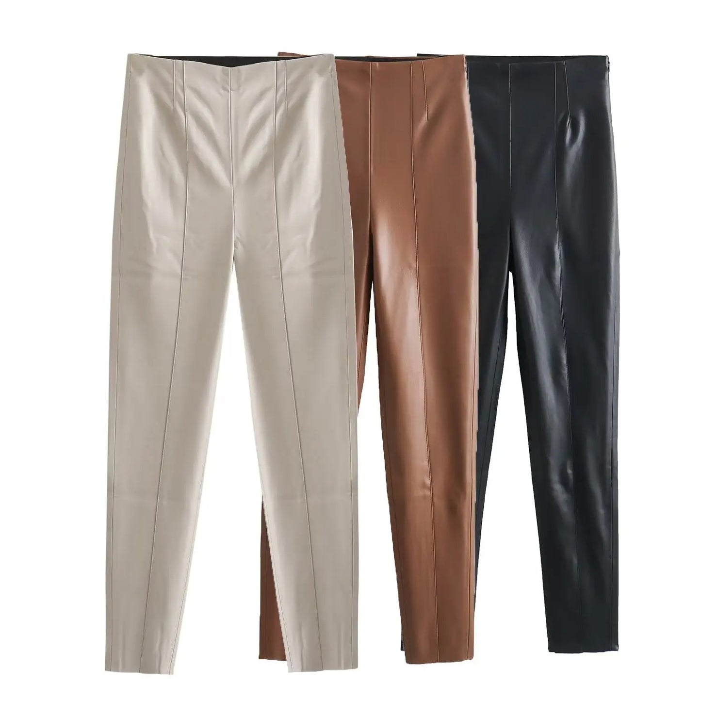 HH 2024 Women's Faux Leather Pants High Waist Straight Leg Trousers Fashion Female Streetwear Stylish Stretch Pencil Pants