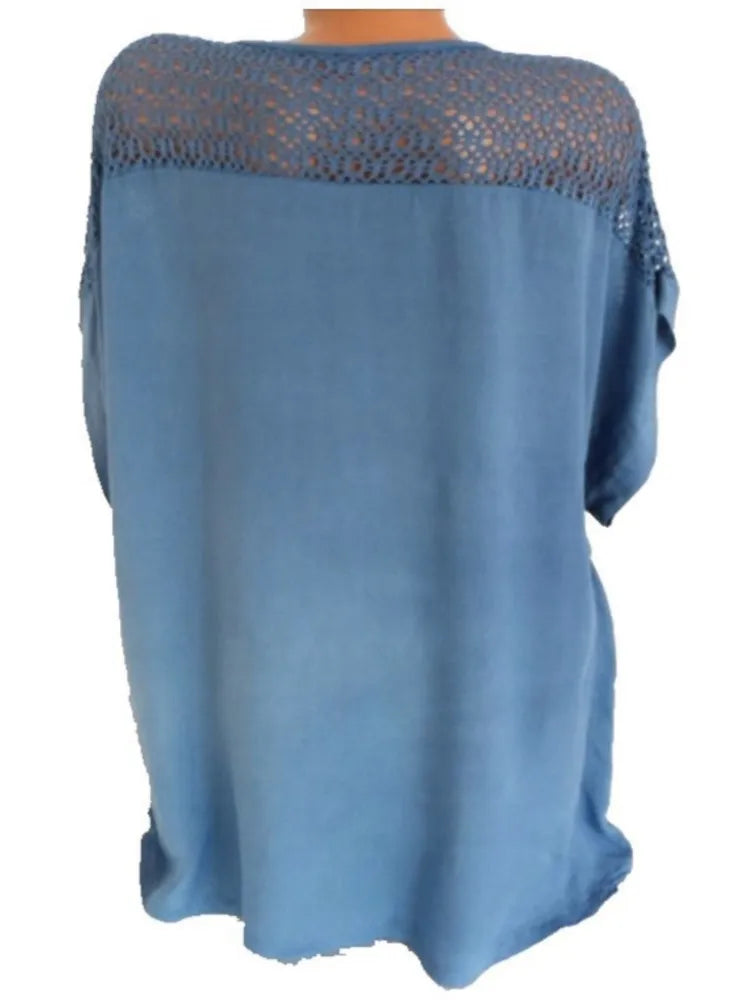 Blusas e tops femininos de manga curta da moda verão, camisa solta de renda branca patchwork 6xl, tops femininos, roupas casuais