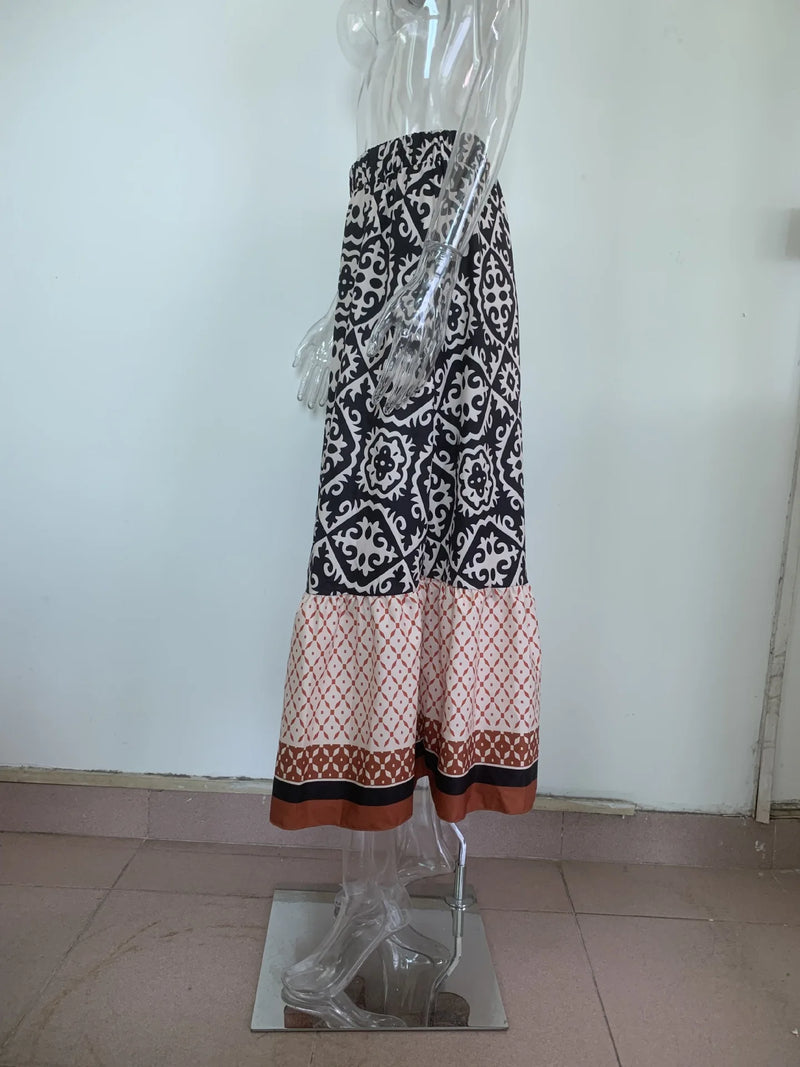 Saia maxi estampa boho feminina moda cintura alta impressão 3D vestido longo casual solto verão saias de cintura alta