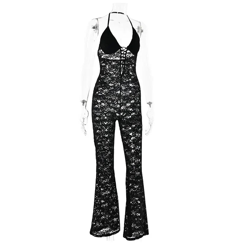 GACVGA Sexy Lace See Through Women Jumpsuit Backless Slim Streetwear Bandage Romper Lady Elegant Summer Party Nightclub Jumpsuit