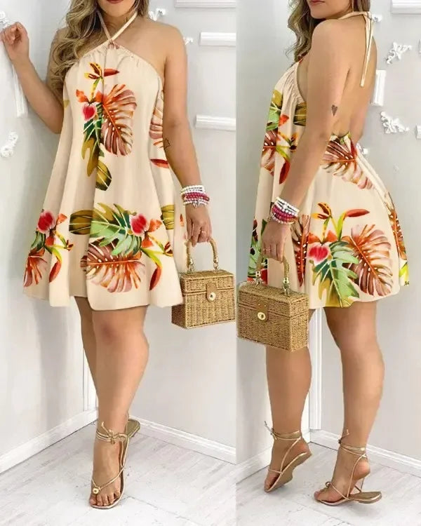 Vestidos Sem Mangas Sem Costas Curto Mini Vestido Solto Halter Neck Estampa Praia Vestido de Verão Floral Vestidos S-3XL