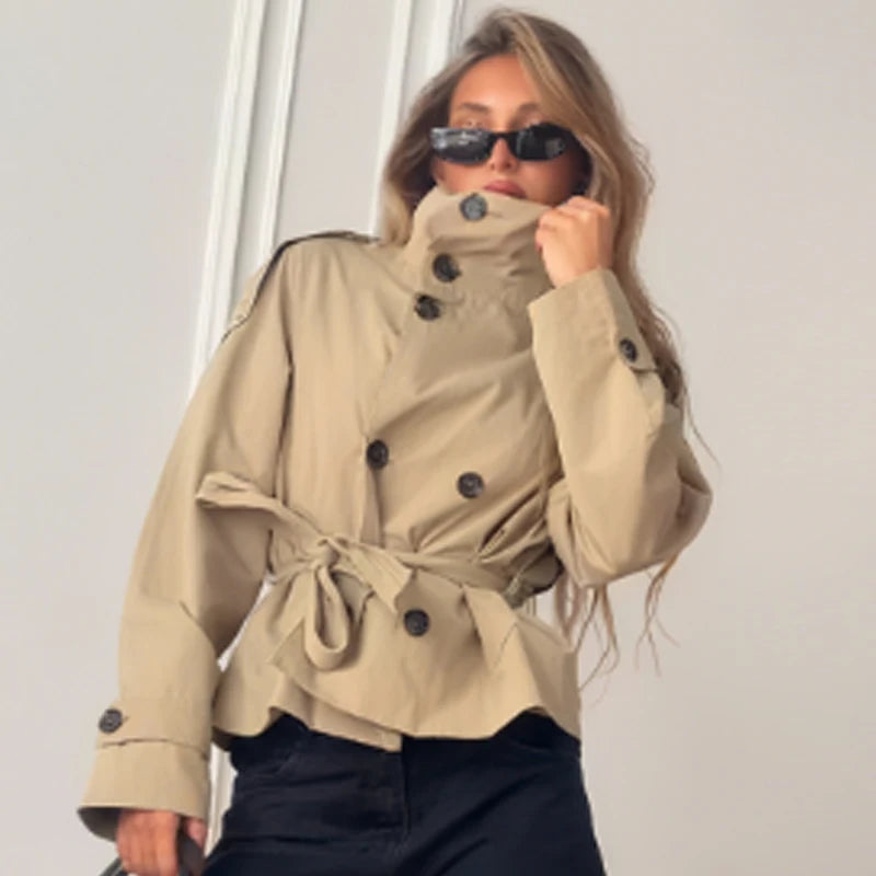 HXAO Crop Khaki Windbreaker Women's Jacket Autumn Fashion Stand Collar Long Sleeve Trench Coat Double-Breasted Belt Outerwears