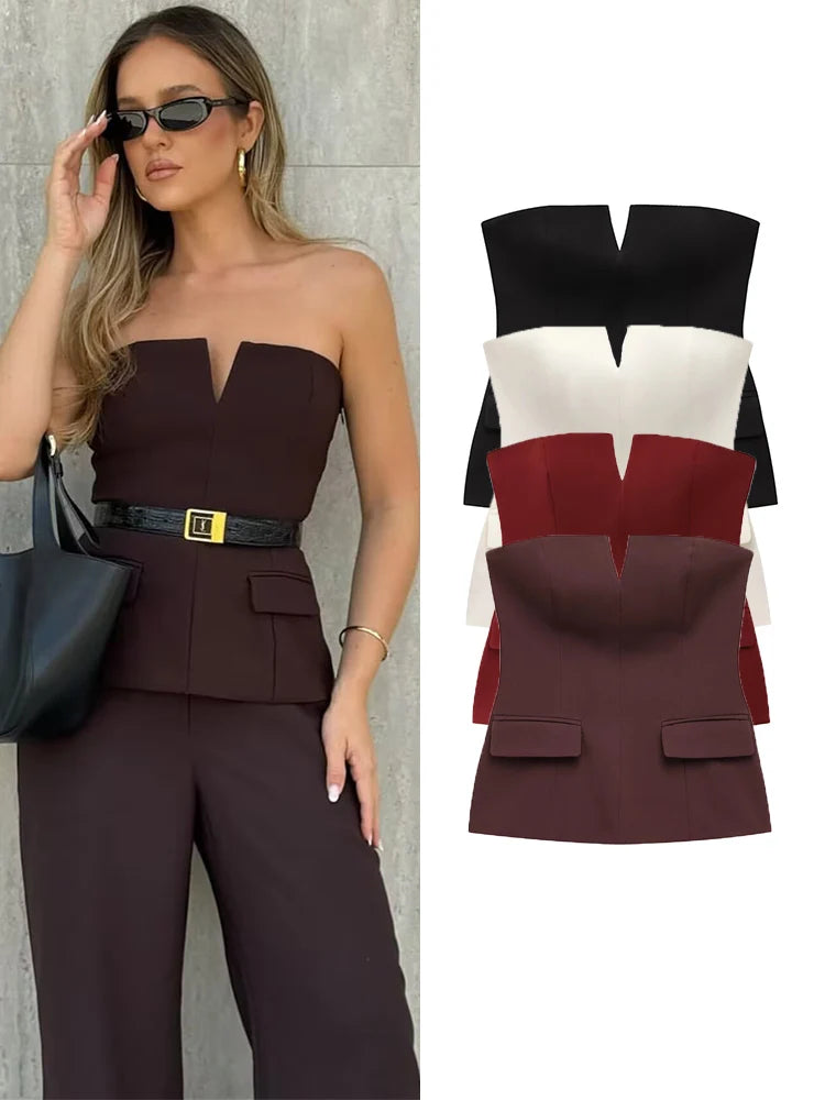 TFMLN Primavera Verão Feminino Sem Alças Crop 2025 Tops Básicos Sem Mangas Escritório Senhora Tops Tendência Rua Clássico Sólido Tops Tubo