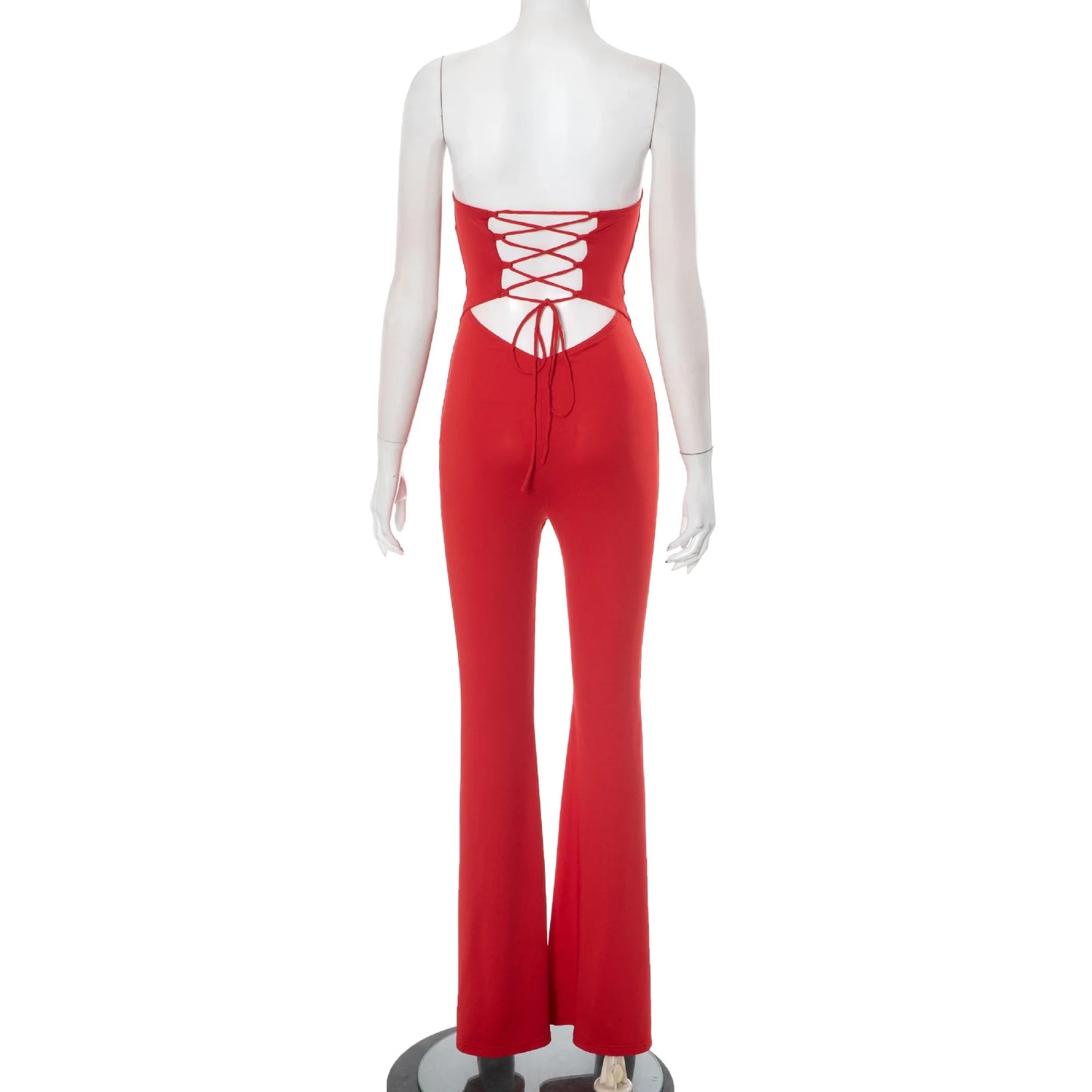 2025 Summer Women's Solid Color Back Strap Strapless Strapless Open Shoulder Tight Micro Flared Pants Jumpsuit