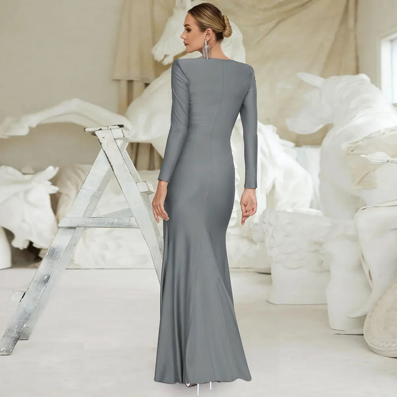 Elegant High Waist Folds Long Maxi Pink Dresses for Women 2025 Chic O-neck Long Sleeve Tunics Slim Solid Party Evening Dress
