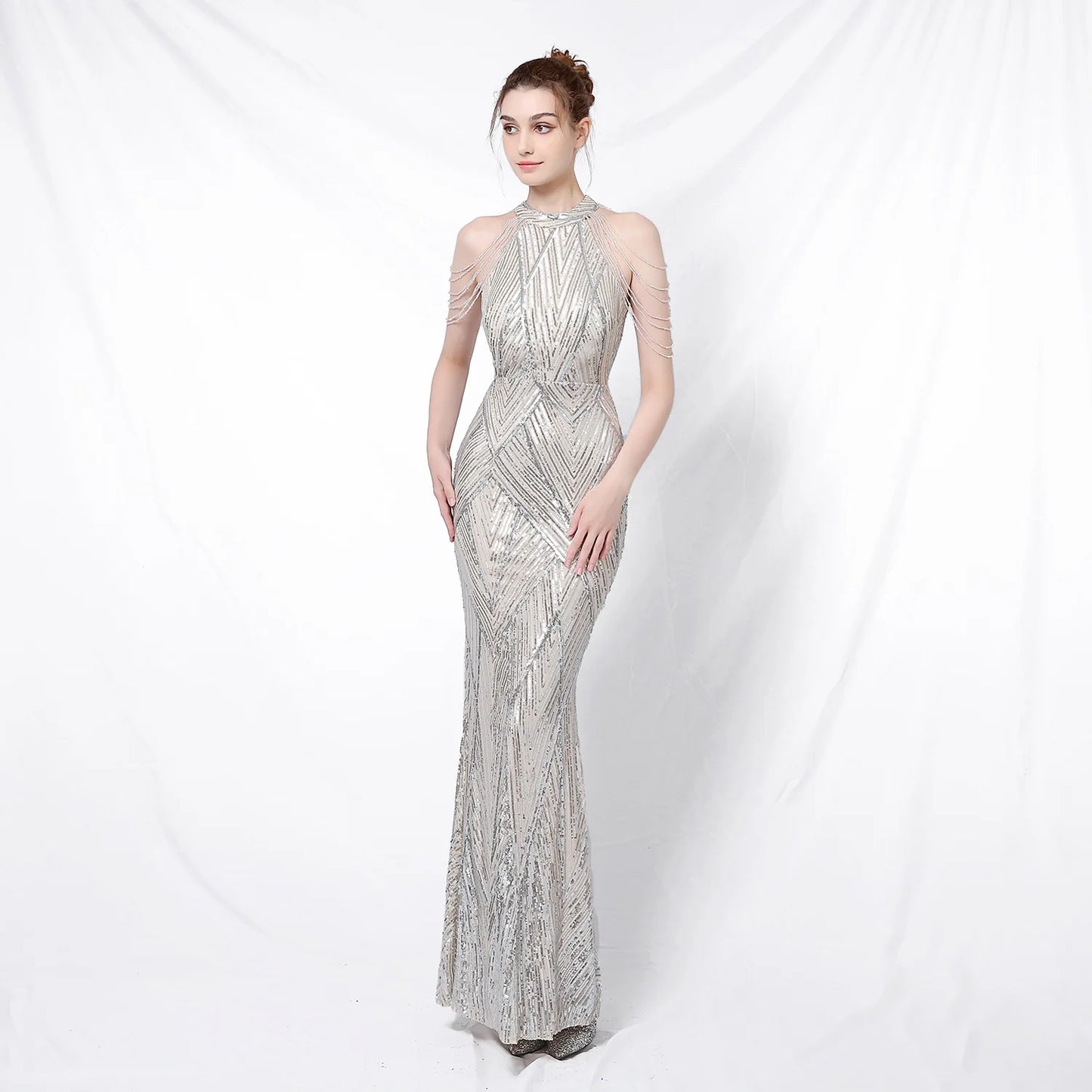 Xmas Sequin Maxi Dress Halter Neck Stripe Mermaid Long Lady Coctail Prom Dress Party Evening Dancing Performance Shimmering Wear