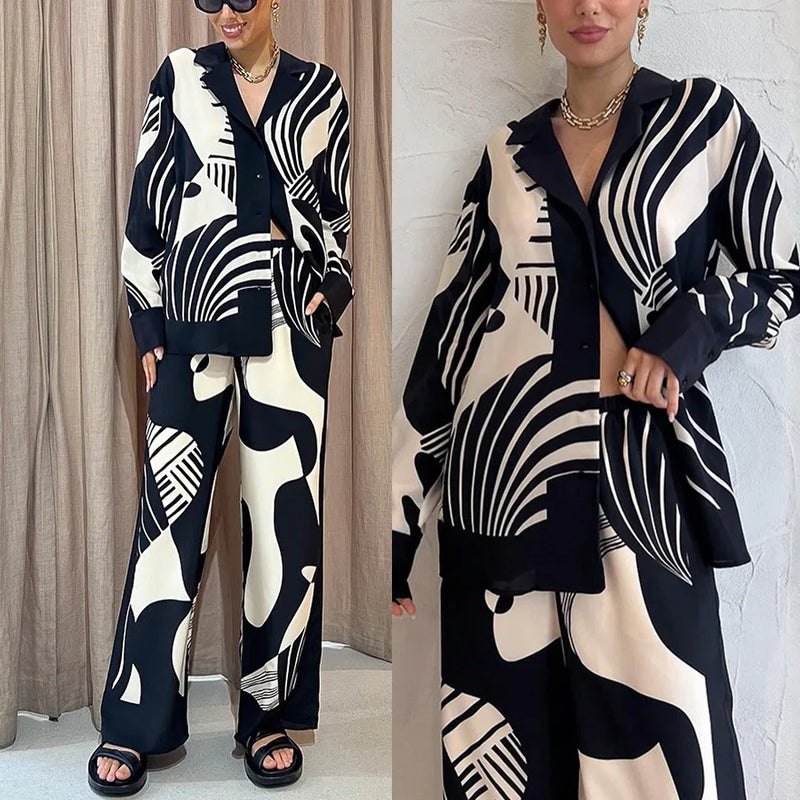 Casual Print Shirt Women 2 Piece Set Elegant Loose Long Sleeve Shirts Wide Leg Pants Female Suit 2024 Summer Fashion Lady Outfit