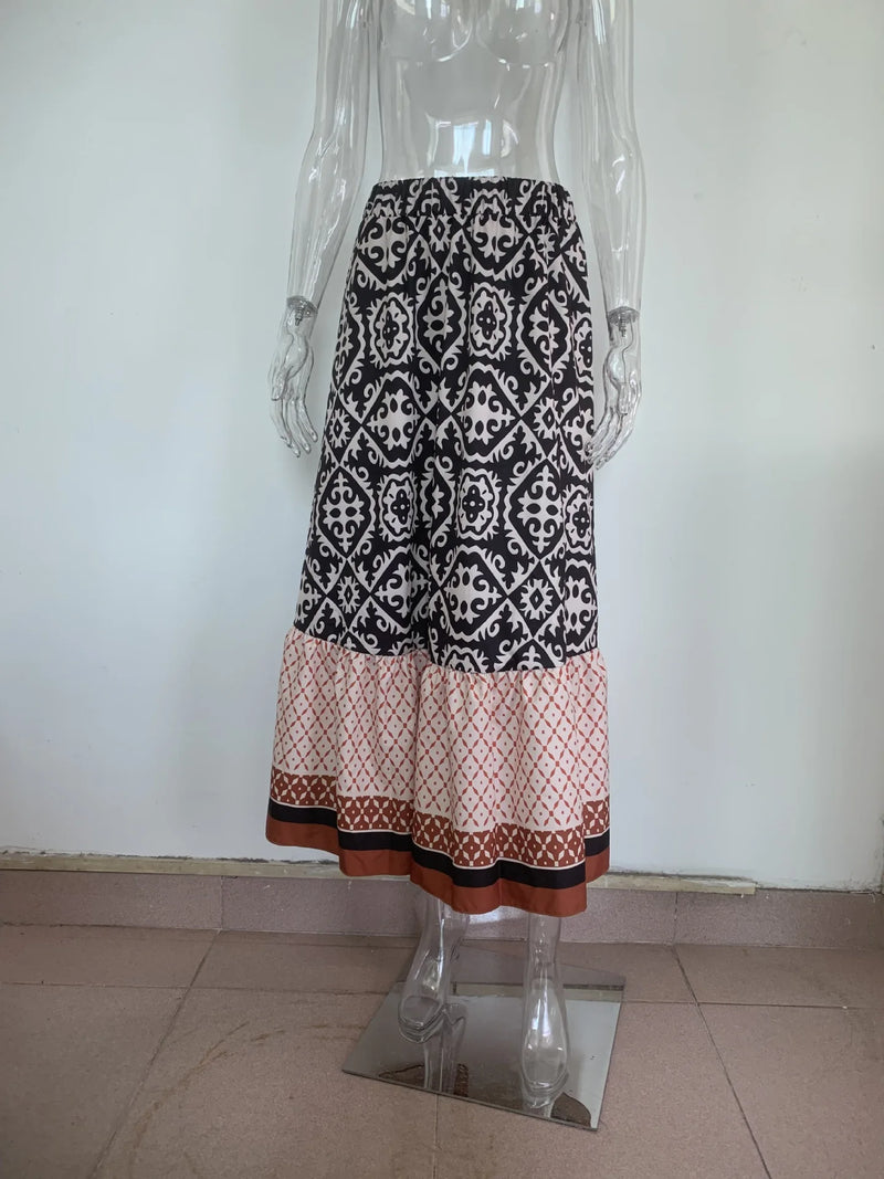 Saia maxi estampa boho feminina moda cintura alta impressão 3D vestido longo casual solto verão saias de cintura alta