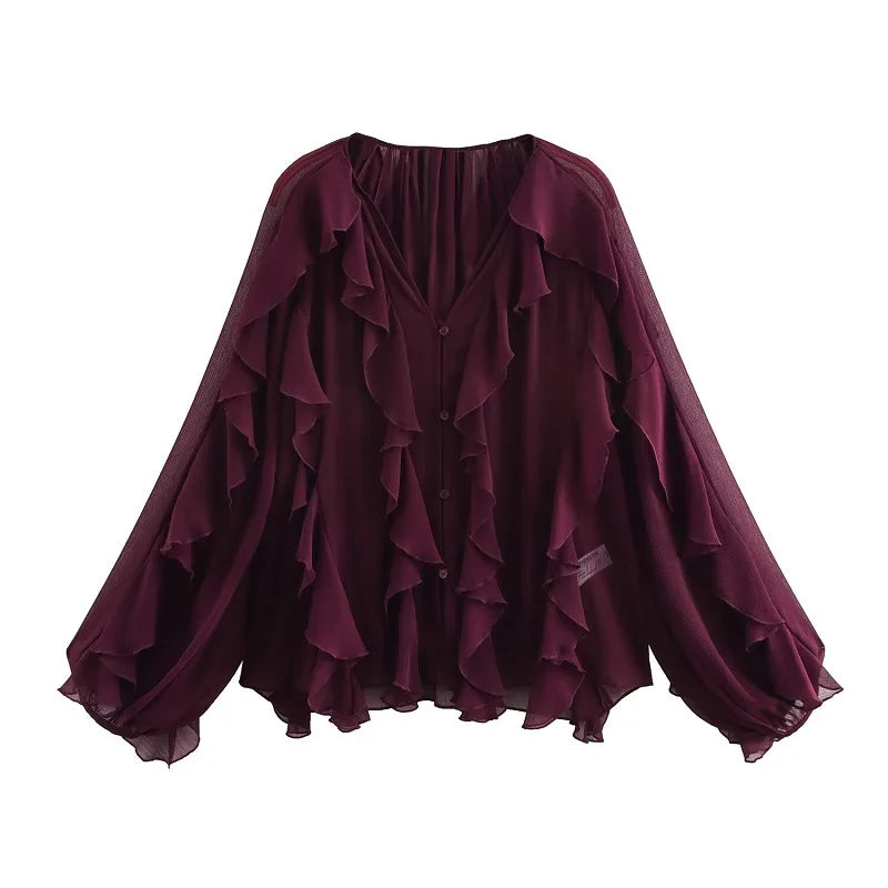 Blusas femininas com babados TRAF, blusas casuais semitransparentes, camisas e blusas femininas de manga comprida, estilo fada, para primavera, 2025