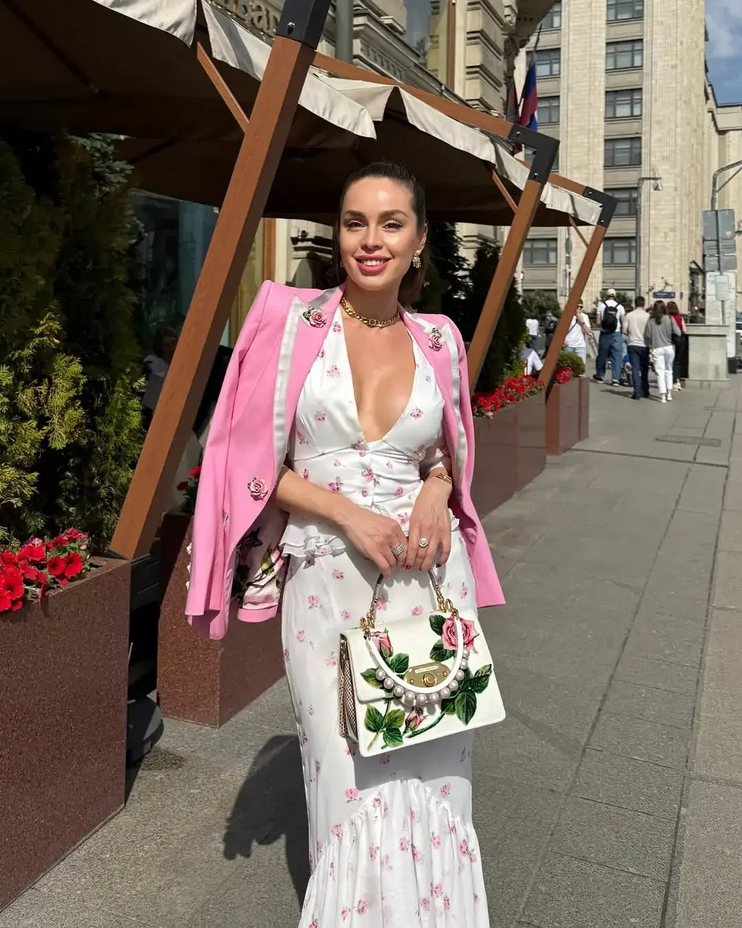Women White Floral Print Maxi Dress V Neck Puff Sleeve Peplum Waist Fishtail Hem Chiffon Robe Elegant Party Wedding Guest Gown