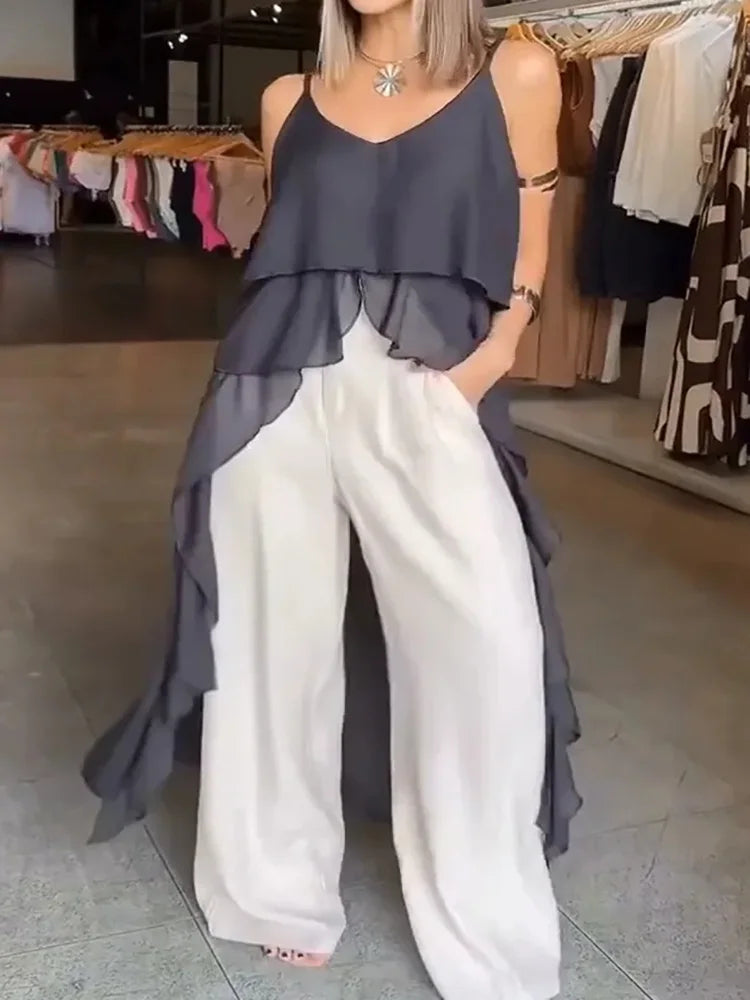 Blusa feminina longa com babados, elegante, lisa, sem mangas, casual, 2025, praia, decote em V, costas nuas, blusa feminina