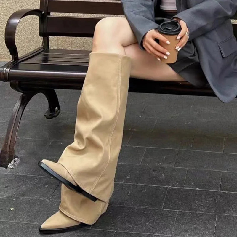 Botas de couro chunky de salto alto femininas, bico fino, estilo Chelsea, novas bombas femininas, botas gladiadoras para neve