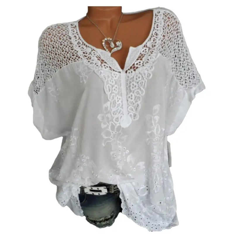 Blusas e tops femininos de manga curta, camisa solta de renda branca, patchwork, tamanho grande 4xl 5xl 6xl, tops femininos, roupas casuais