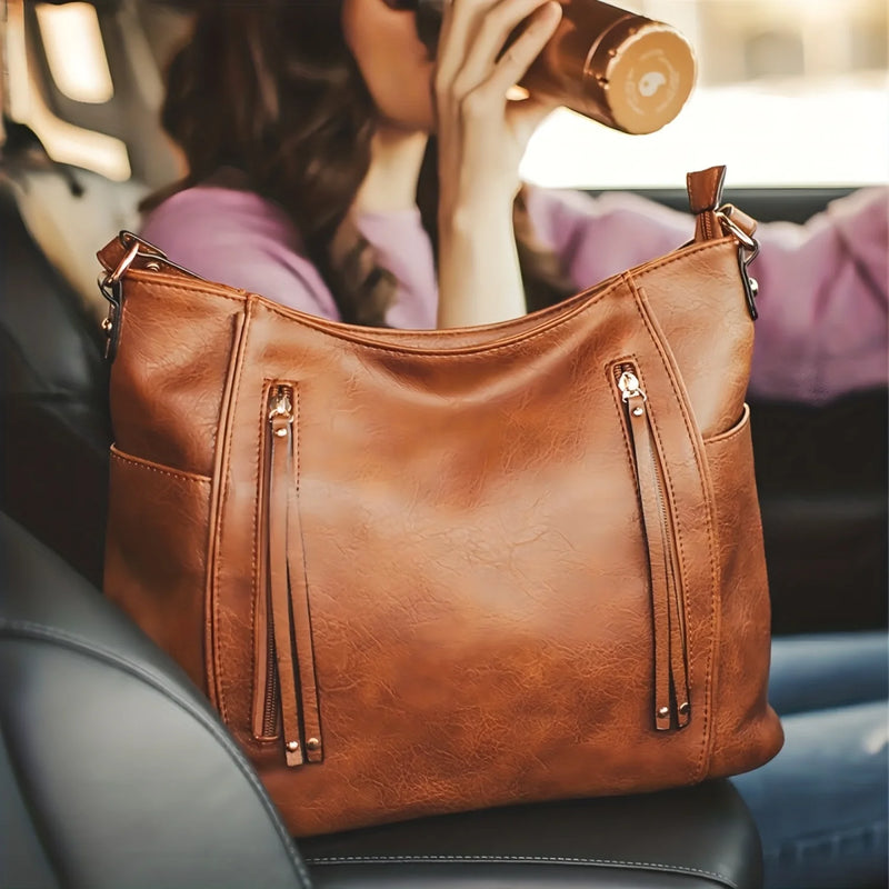 Large Capacity Retro Glam Hobo Bag - Timeless Fashion Solid Color Faux Leather Shoulder Tote - Premium, Adjustable Strap for Wom