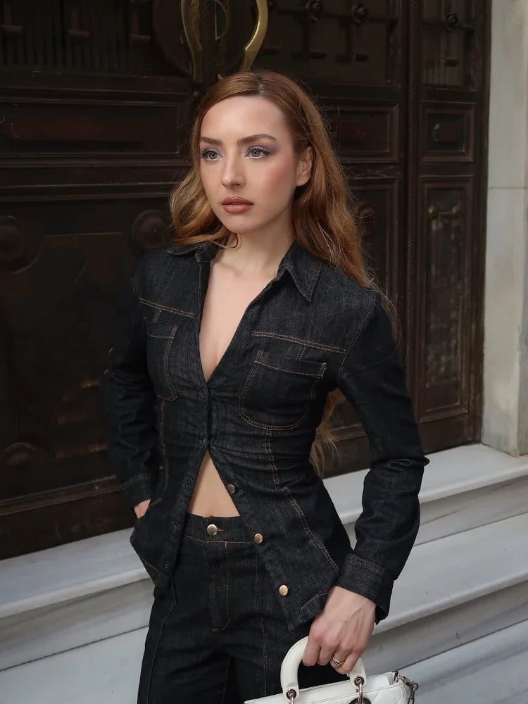 Women Fashion Denim Solid Top High Waist Pants Suits Casual Single Breasted Lapel Neck Shirts Pant Set Spring Lady Street Wear