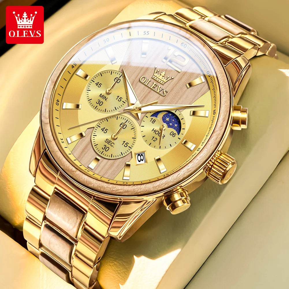 OLEVS 3645 Mens Watch Top Brand Business Original Quartz Watch Solid Wood Multifunctional Chronograph Watch Moon Phase Reloj New