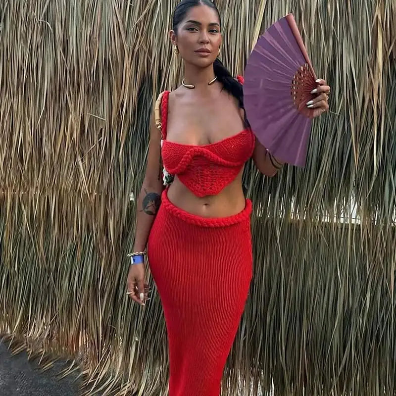 Sexy Knit Crop Tops Skirt Sets Women Sleeveless Backless Sling Tank Long Hip Package Skirts 2025 Holiday Beach 2 Piece Set Lady