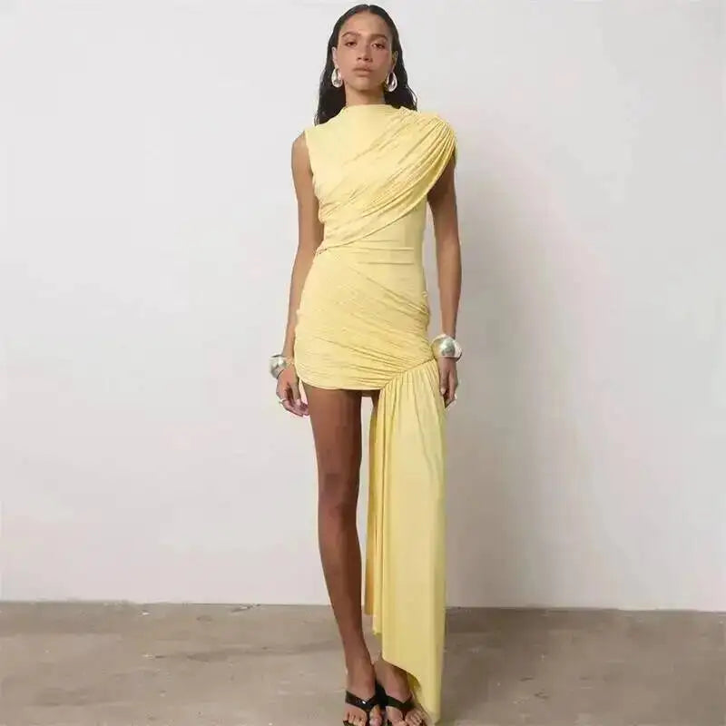 Balitops Summer Draped Ruched Sexy Mini Dress Women 2025 New Irregular High Waist Slim Fit Dress Female Elegant Club Tank Dress