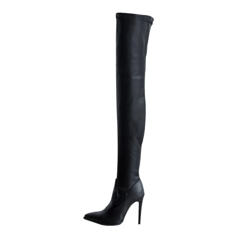 Novas botas acima do joelho femininas, salto alto fino, botas elásticas da moda feminina, tamanho grande 46 47, botas femininas