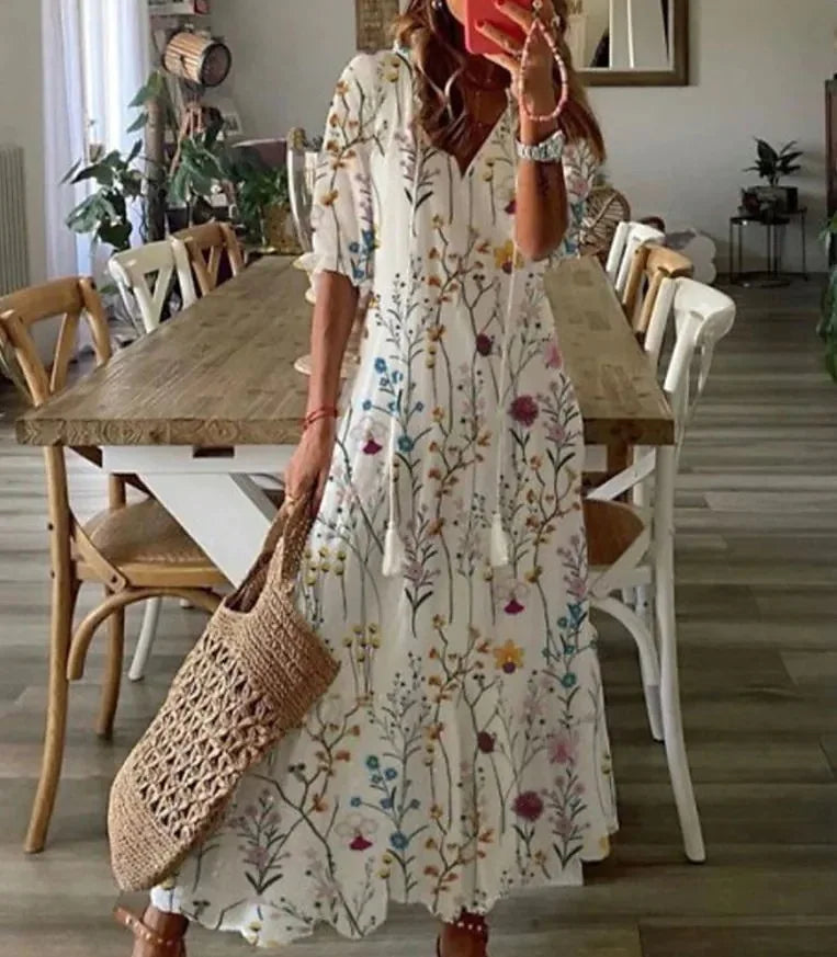 Women's 2024 Spring Summer New Casual Sweet Loose Sexy V-neck Fashion Printed Hanging Beard Middle Sleeve Long Dress For Women
