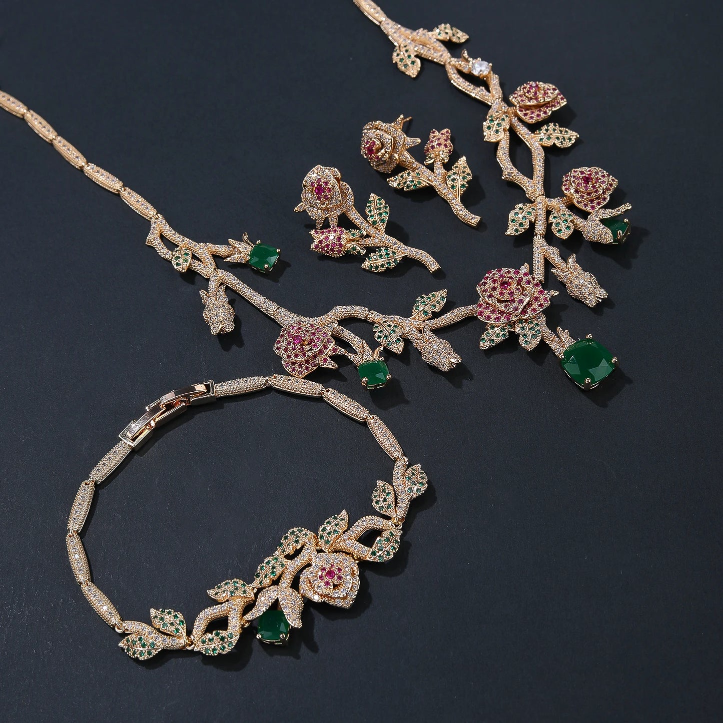 New Luxury 3-piece Cubic Zirconia Rose Flower Necklace Earrings Bracelet Set Bridal Wedding Ball Accessories CN10359T
