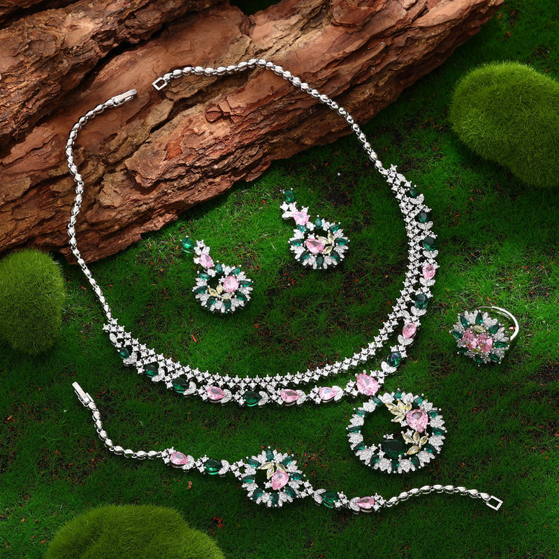 Conjunto de joias de casamento de zircônia cúbica, conjunto de 4 peças para noivas, conjunto de joias femininas, reprodução de marca de joias