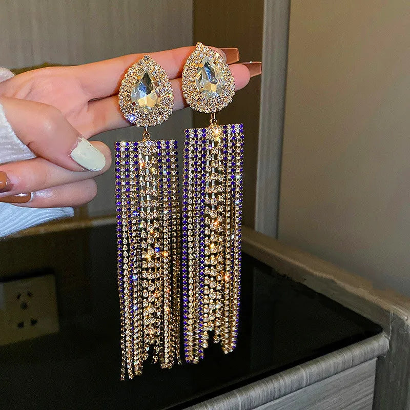XIALUOKE Black Colorful Water Drop Crystal Earrings Oversize Long Tassel Rhinestone Dangle Earring For Women Statement Jewelry