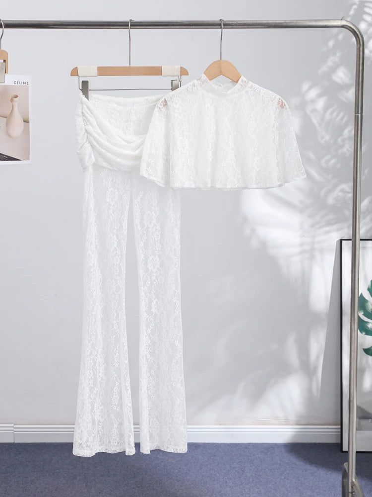 Women Floral Sheer Top Lace Two Piece Set High Neck Cape Sleeve Cropped High Waist Pants See-Through Flared Trousers Summer Wear