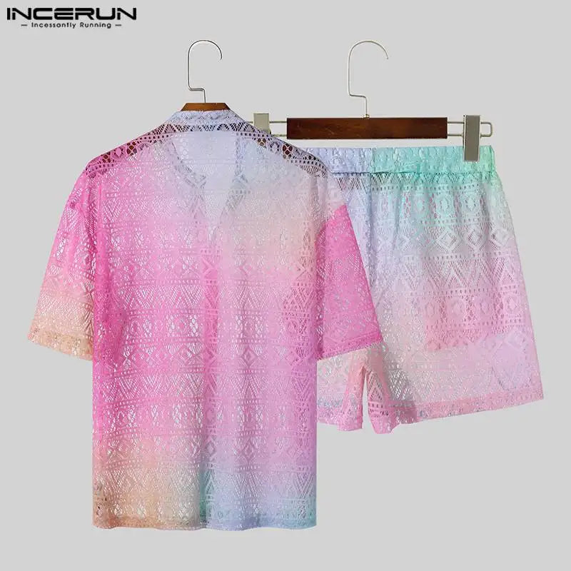 Conjuntos masculinos  de renda transparente com tie-dye, lapela degradê, camisa de manga curta e shorts, 2 peças,  urbana, ternos